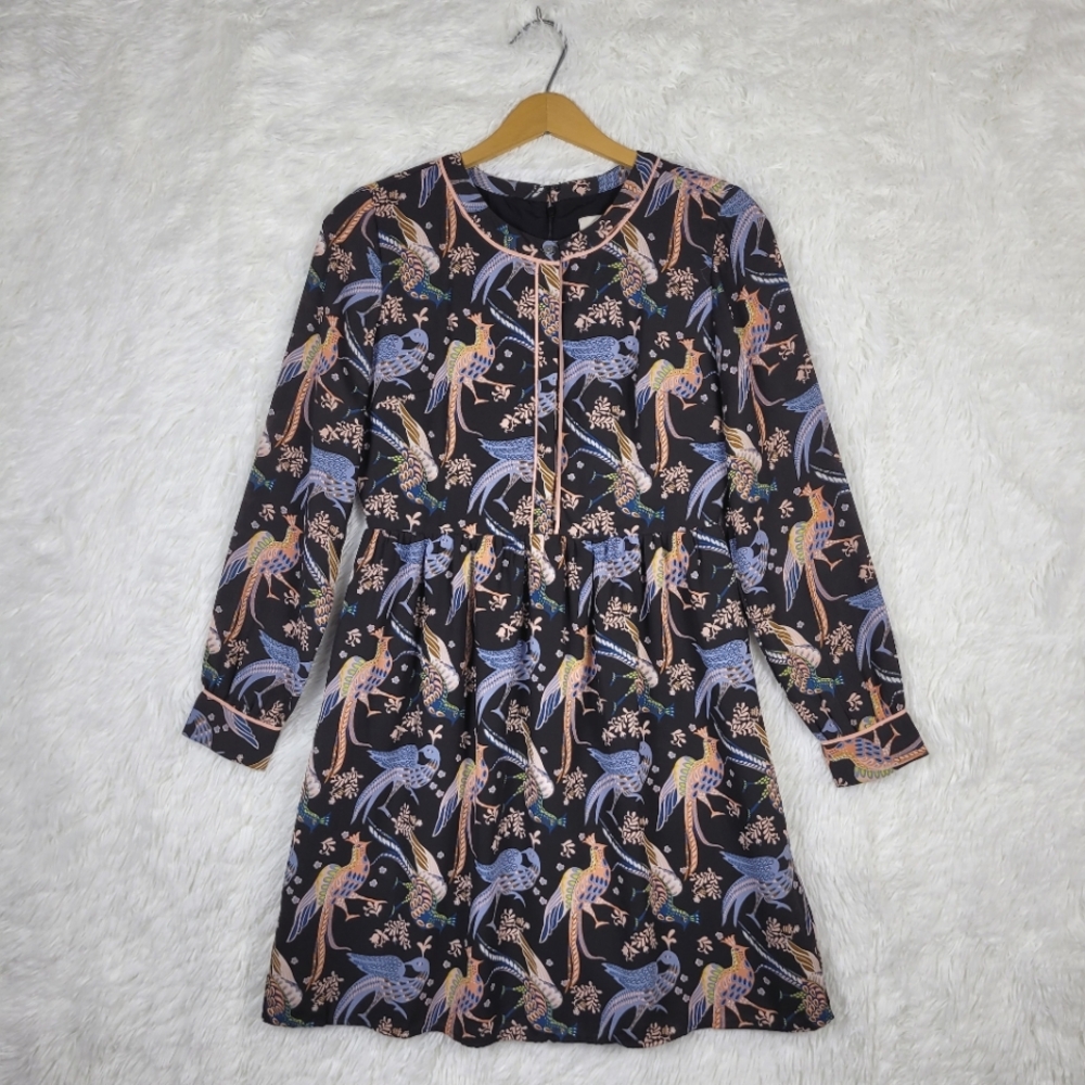 Loft Peacock AOP Henley Knee Length Long Sleeve Dress Sz 2P Coquette Whimsy Twee